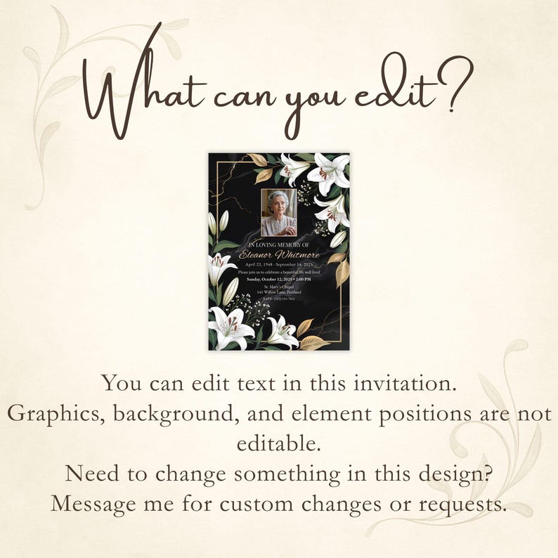 Memorial Invitation Template With Photo, Black & Gold Lily Funeral ...
