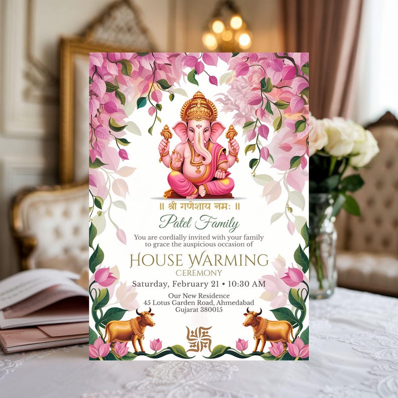 Luxury Hindu house warming invitation with Lord Ganesha, pink floral frame and gold accents displayed in an elegant home interior