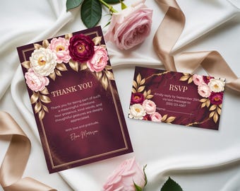 Burgundy Floral RSVP Card and Thank You Card Set: Elegant Peony Design (Canva Template)