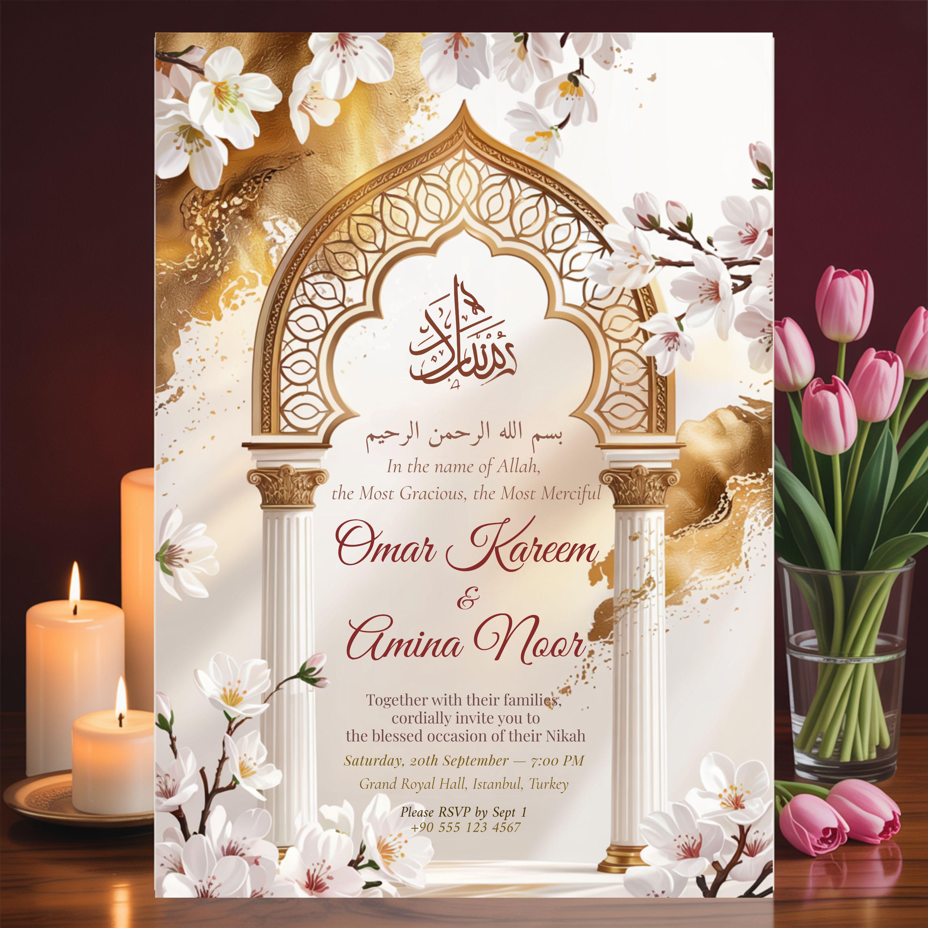 Gold Arch Islamic Wedding Invitation: Editable Canva Template (5x7 ...