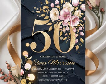 Może przedstawiać: Granatowe zaproszenie na 50. rocznicę ślubu ze złotymi akcentami i kwiatowymi detalami. Zaproszenie zawiera tekst "Celebrating 50 Years", imię "Elena Morrison" oraz szczegóły wydarzenia. Kod ubioru to strój koktajlowy.