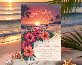 May include: A beach-themed invitation for a 50th birthday bash. The design features a sunset over the ocean, palm trees, and hibiscus flowers. The invitation includes the text "Aloha 50!" and event details: date, time, location, and RSVP information.