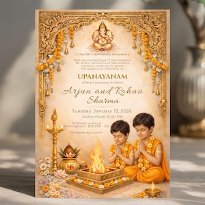 Könnte beinhalten: Eine Einladungskarte für die Upanayanam-Zeremonie mit goldenen Verzierungen und floralen Akzenten. Die Karte enthält die Namen Arjun und Rohan Sharma, Datum, Uhrzeit und Adresse. Das Design beinhaltet Bilder einer Gottheit, Feuer und zwei Jungen in traditioneller Kleidung.