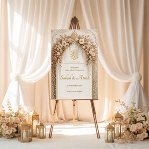 Elegant Nikah welcome sign with gold floral arch surrounded by lanterns and soft wedding drapes.