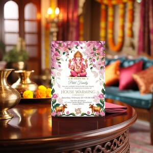 Traditional Hindu house warming invitation with Lord Ganesha, floral frame and sacred symbols, griha pravesh ceremony card styled with diyas and festive decor