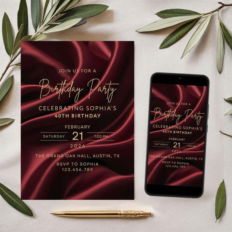Burgundy silk birthday invitation with gold text shown in print and mobile phone digital format