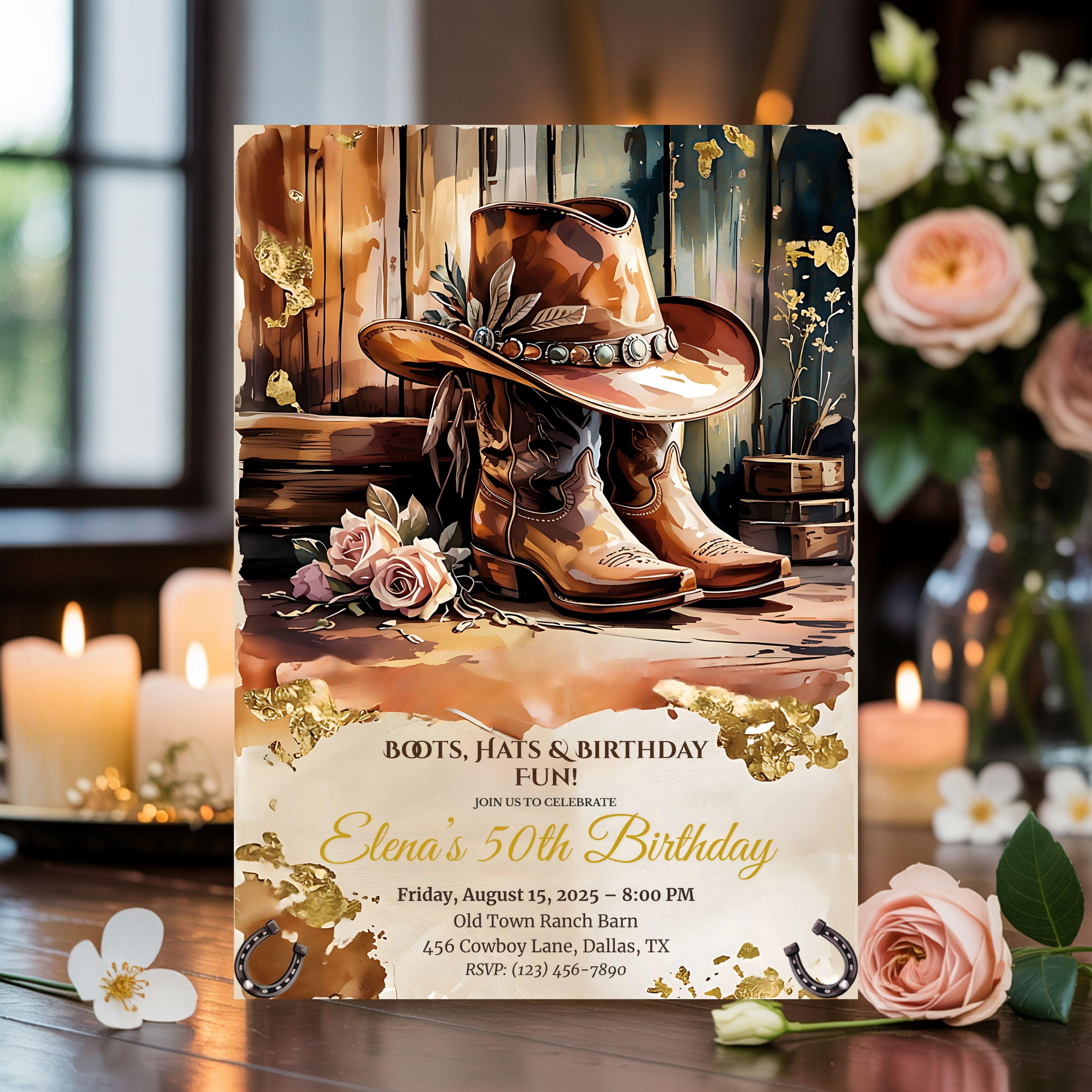 Rustic Western 50th Birthday Invitation: Cowgirl Boots, Hat & Roses ...