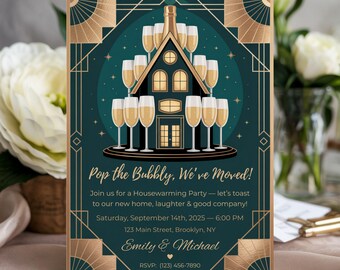 Housewarming Invitation Template, New Home Party Invite, Editable Canva Champagne Design, Printable Housewarming Card