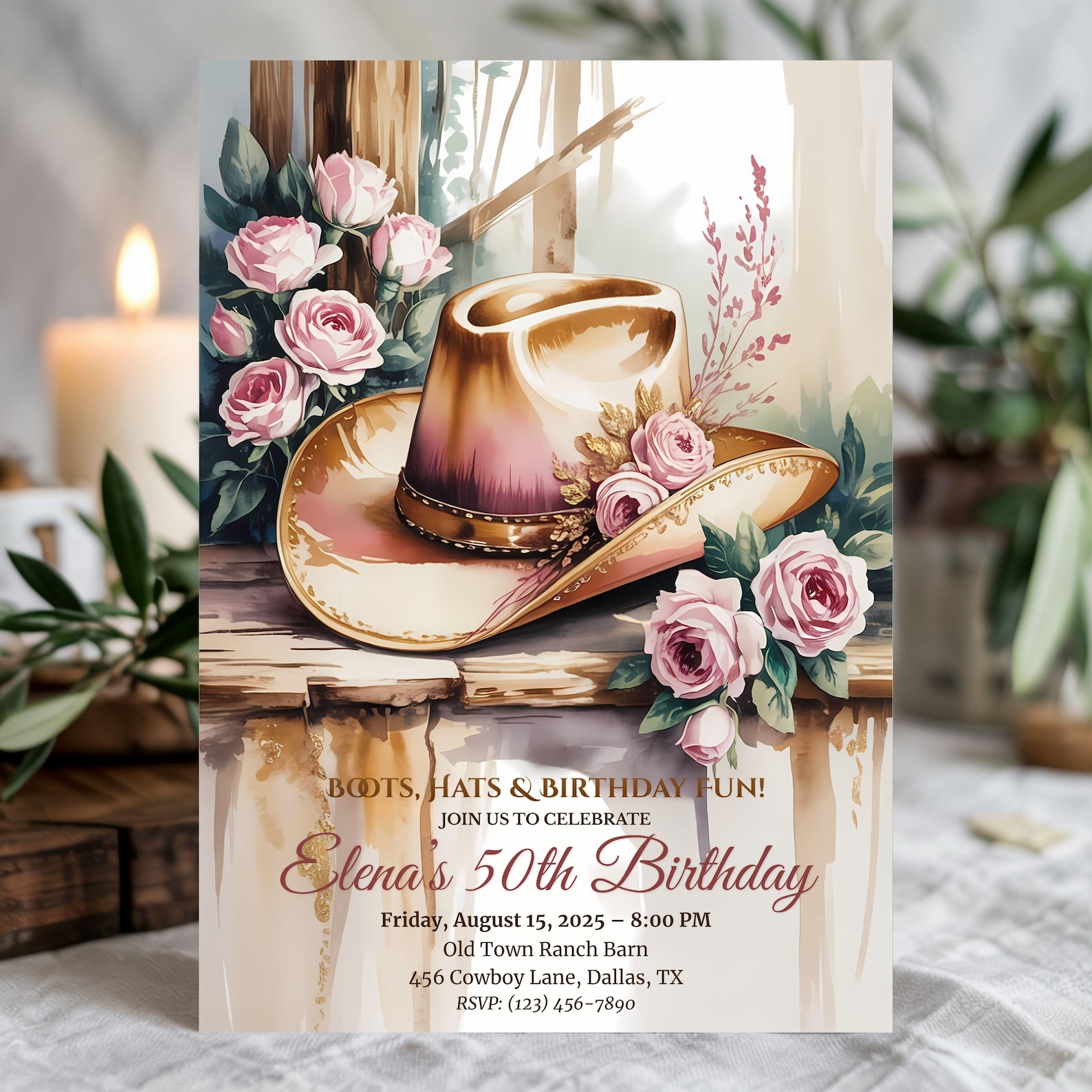 Rustic Western 50th Birthday Invitation: Cowgirl Hat, Roses & Ranch ...