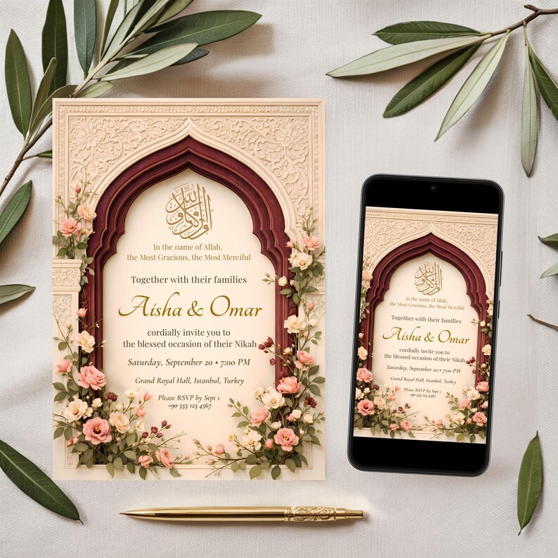 Editable Nikah invitation template shown on phone screen and printed card, suitable for digital sharing and printing.