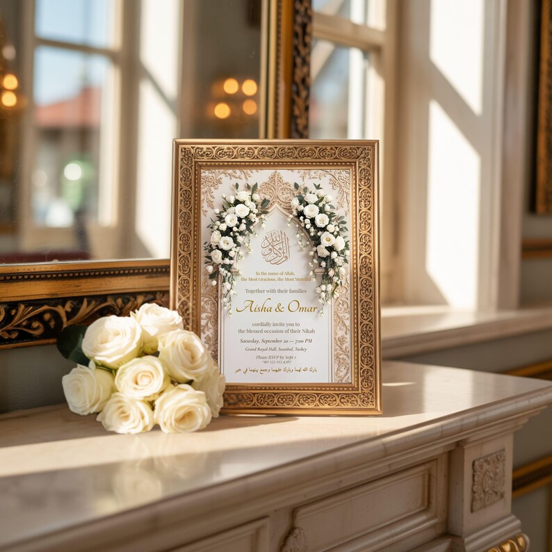 Islamic wedding welcome sign in ornate gold frame featuring floral Nikah invitation for Aisha & Omar.