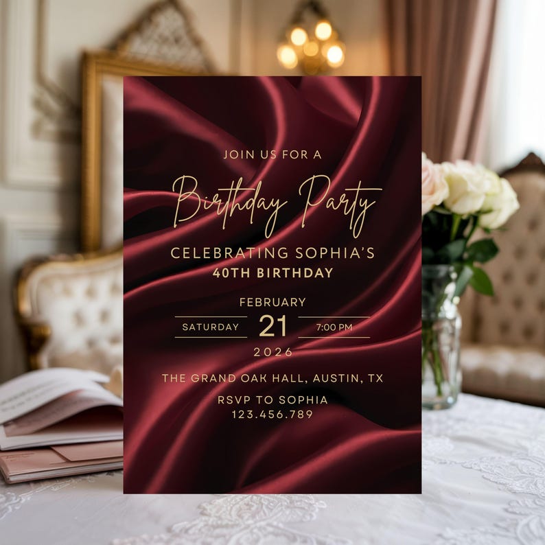 Burgundy silk birthday invitation with gold text styled in elegant living room interior