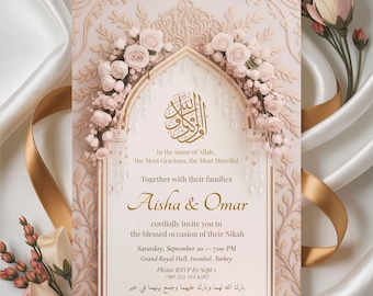Elegant Blush Islamic Wedding Invitation: Floral Arch Arabic Calligraphy Canva Template (5x7" Digital Download)
