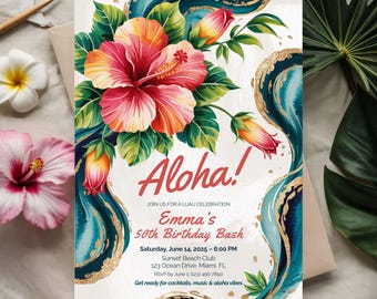 May include: A vibrant invitation for a luau celebration. The design features a large, colorful hibiscus flower with pink, orange, and yellow petals, surrounded by green leaves. The text "Aloha!" is prominently displayed, along with event details for Emma's 50th Birthday Bash.