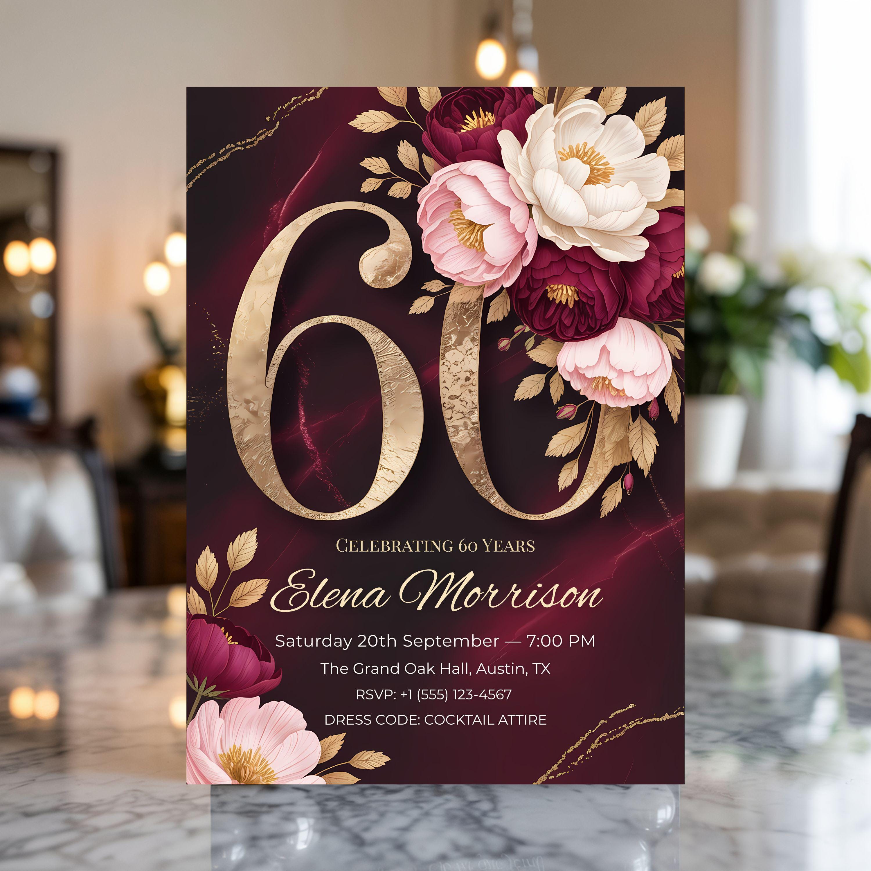 Luxury Floral 60th Birthday Invitation: Elegant Burgundy & Gold