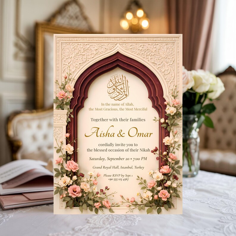Islamic wedding invitation template shown in an elegant interior, featuring floral mihrab arch and burgundy gold details.