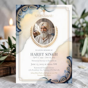 May include: A memorial card with a portrait of Harjit Singh, framed by a gold border and watercolor accents in blue and yellow. The card includes dates, service details, and a quote in a foreign language.