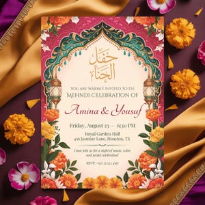 May include: An ornate invitation with floral and arch details, announcing a Mehndi celebration for Amina & Yousuf. The design features a pink and gold color scheme, with orange and yellow floral accents. The invitation includes event details and RSVP information.