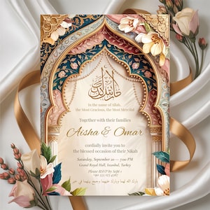 Puede incluir: Una tarjeta de invitación ornamentada con elementos florales y arquitectónicos. La tarjeta presenta colores dorados, turquesa y rosa, con texto en inglés y árabe. La invitación es para la ceremonia Nikah de Aisha y Omar.