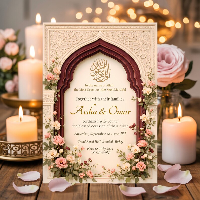 Romantic Nikah invitation template with burgundy arch, soft candlelight, floral details and elegant Islamic wedding design.