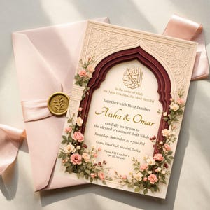 Elegant Nikah invitation template displayed with blush envelope, wax seal, floral arch and burgundy gold details.