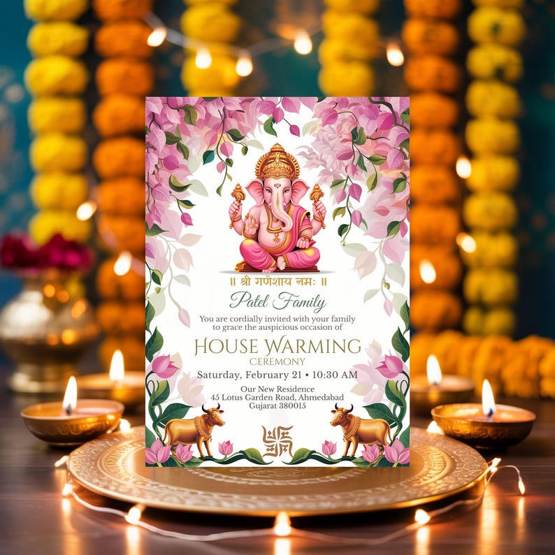 House warming invitation with Lord Ganesha, pink floral border and gold details, Hindu griha pravesh ceremony card displayed with marigold garlands and diya lights