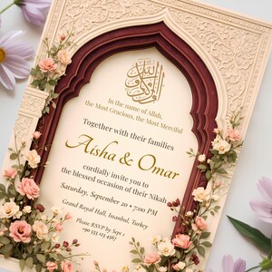Close-up view of floral Nikah invitation template with ornate Islamic arch, gold calligraphy and burgundy details.