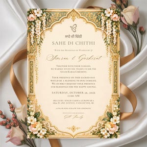 May include: A rectangular wedding invitation card with a cream background, featuring an ornate gold archway frame decorated with white and peach floral garlands. The text reads Sahe Di Chithi, Simran & Gurkirat, and details for an October 26, 2026 ceremony.