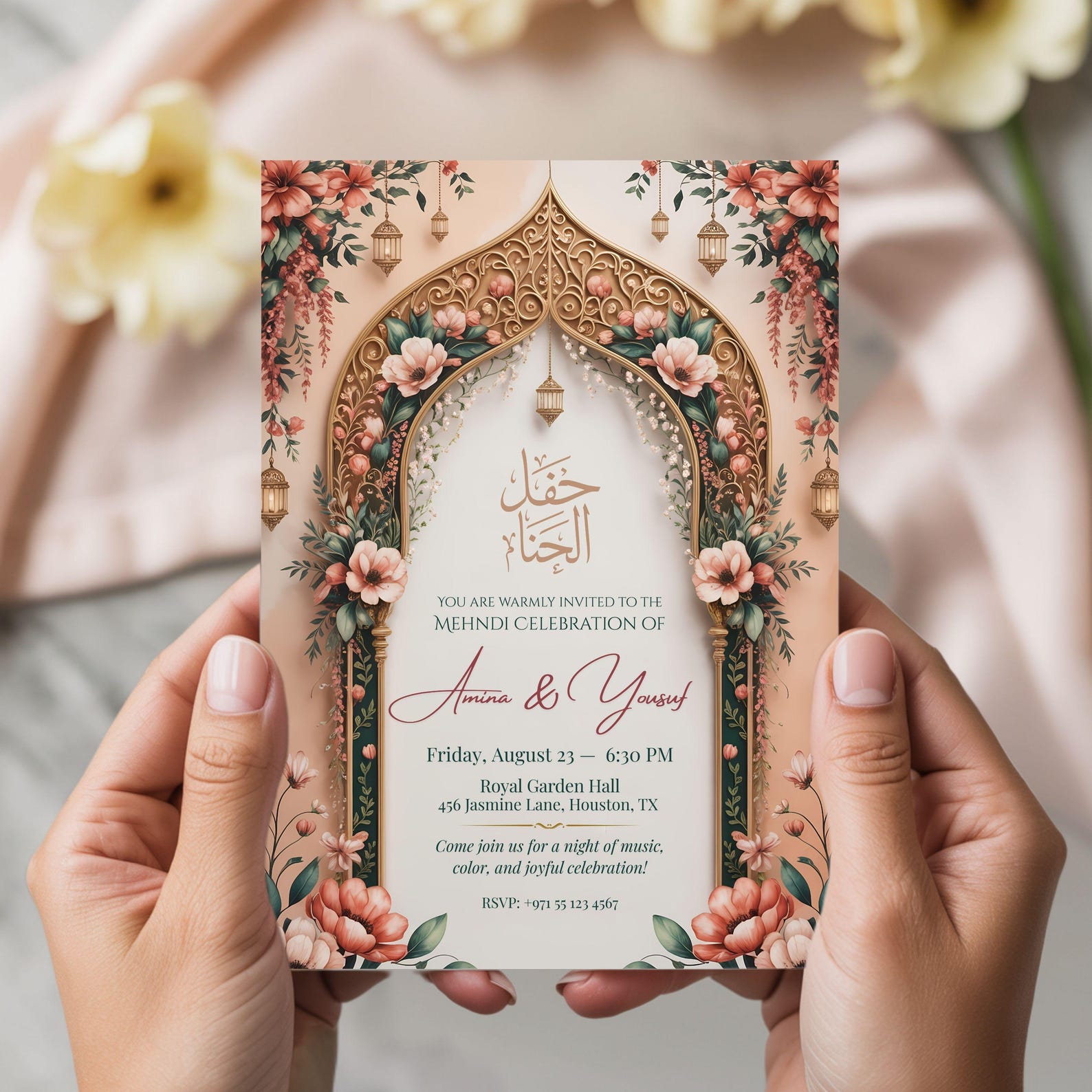 Gold Floral Arch Mehndi Invitation: Islamic Arabic Design (editable ...