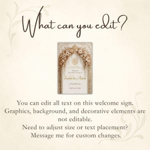 May include: A welcome sign with the text "What can you edit?" and a smaller sign featuring floral accents and the names "Sabah & Attish." The sign includes the date "15 November 2023" and additional text.