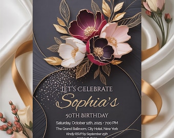 Może przedstawiać: Ciemnoszare zaproszenie urodzinowe ze złotymi akcentami i kwiatowymi zdobieniami. Na zaproszeniu widnieje napis "LET'S CELEBRATE Sophia's 50TH BIRTHDAY" ze szczegółami wydarzenia. Projekt zawiera bordowe, różowe i białe kwiaty.