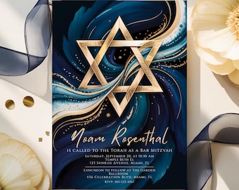 Blå och guldfärgad Davidsstjärna Bar Mitzvah-inbjudan (digital nedladdning)
