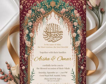 Elegant Islamic Wedding Invitation: Burgundy & Gold Arabic Calligraphy, Floral Arch Nikah Card (Canva Template)