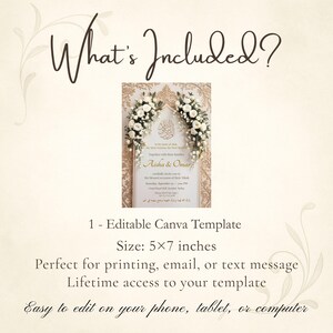 May include: A wedding invitation template with floral accents and the names Aisha & Omar. The invitation is 5x7 inches and includes editable text. The design features a cream background with decorative floral elements.