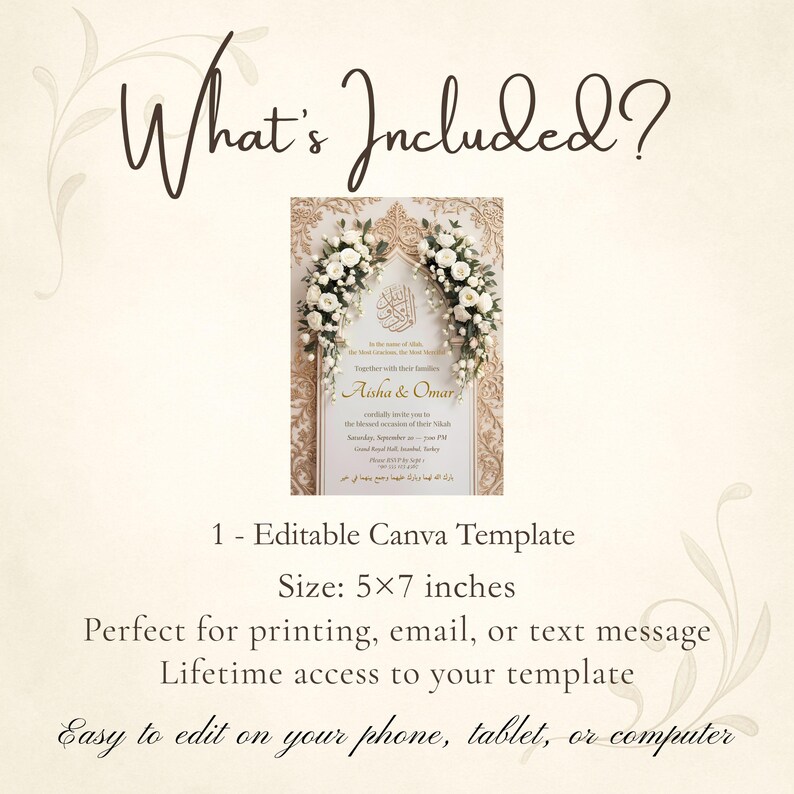 May include: A wedding invitation template with floral accents and the names Aisha & Omar. The invitation is 5x7 inches and includes editable text. The design features a cream background with decorative floral elements.