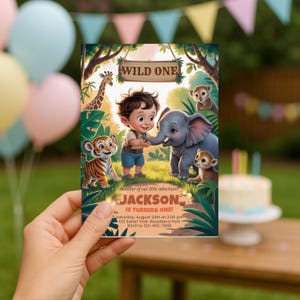 Invitación de cumpleaños de Wild One Safari: Animales de la jungla, plantilla editable de Canva (descarga digital)