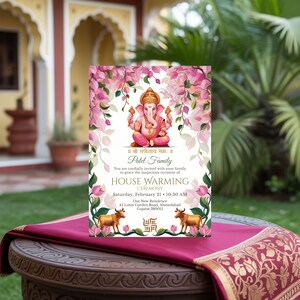 Griha pravesh house warming invitation with Lord Ganesha and floral design, Hindu ceremony card displayed outdoors in a traditional home setting