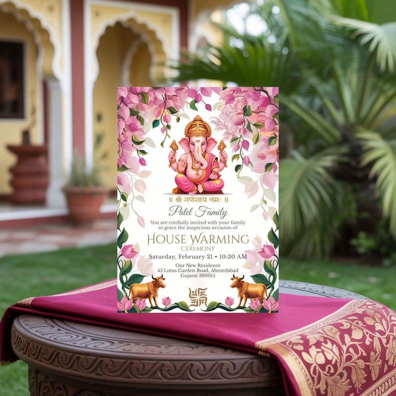 Griha pravesh house warming invitation with Lord Ganesha and floral design, Hindu ceremony card displayed outdoors in a traditional home setting