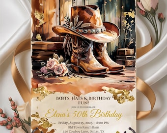 May include: An invitation card with a watercolor illustration of a cowboy hat and boots. The card reads "BOOTS, HATS & BIRTHDAY FUN!" and announces Elena's 50th Birthday on August 15, 2025, at the Old Town Ranch Barn in Dallas, TX.