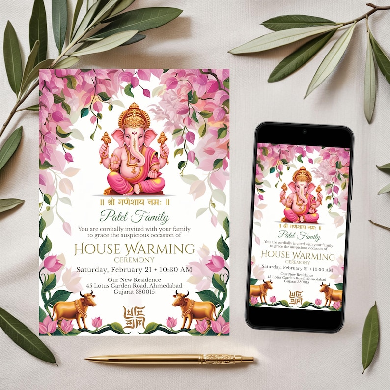 Editable house warming invitation with Lord Ganesha shown as printable card and mobile digital invitation, Canva Hindu griha pravesh template