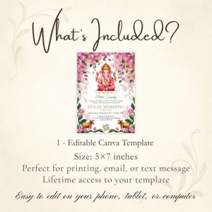 May include: A housewarming invitation template with a pink floral design and an illustration of a deity. The invitation is 5x7 inches and includes the text "What's Included?" and "House Warming Ceremony."