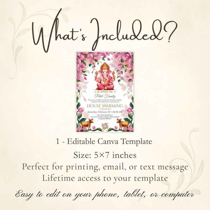 May include: A housewarming invitation template with a pink floral design and an illustration of a deity. The invitation is 5x7 inches and includes the text "What's Included?" and "House Warming Ceremony."