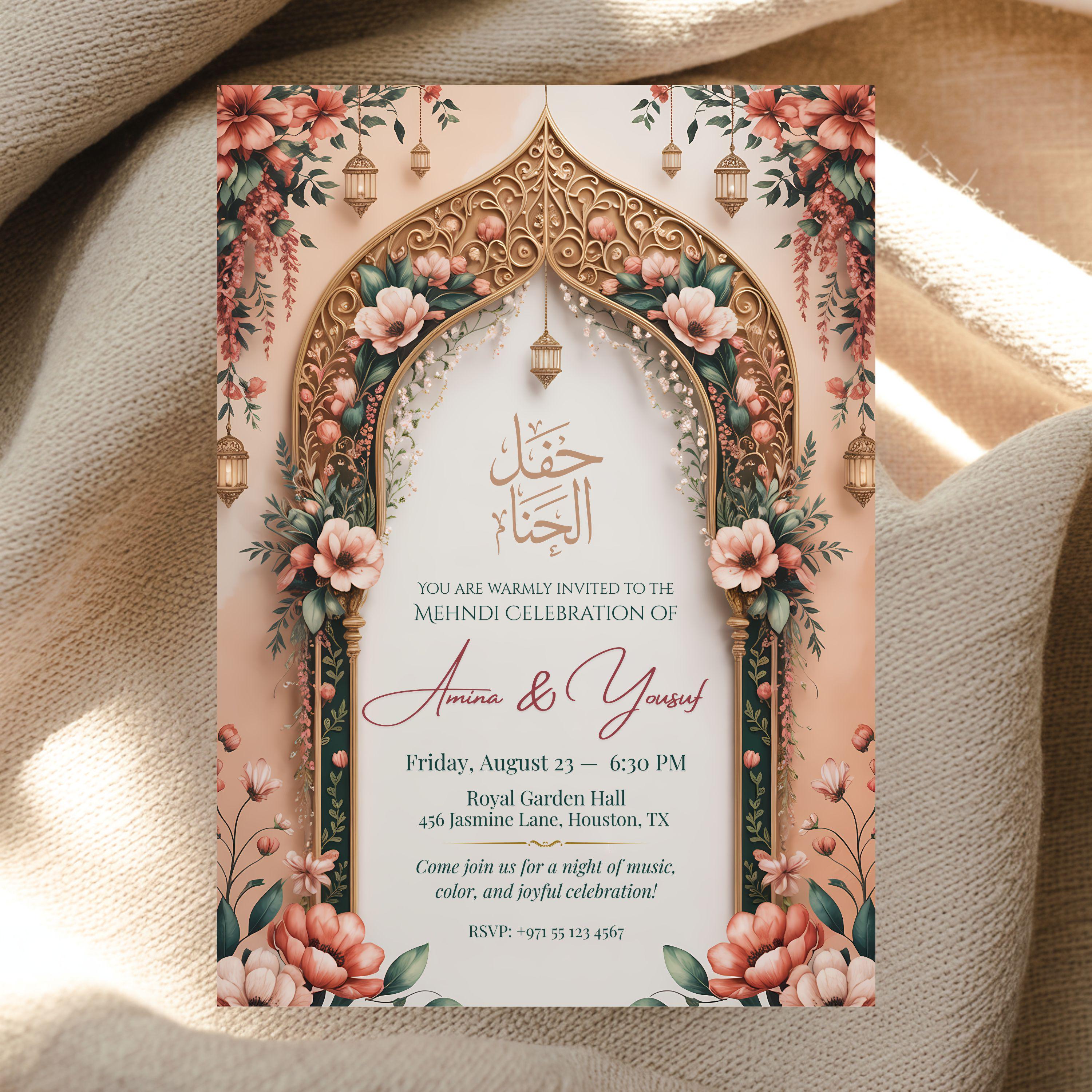 Gold Floral Arch Mehndi Invitation: Islamic Arabic Design (editable ...