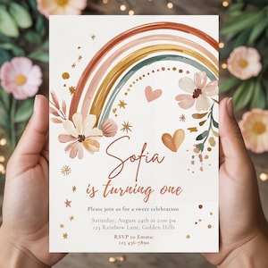 Boho Rainbow Birthday Invitation, Editable Canva Template, 1st Birthday Invite Girl, Printable Card, Digital Download, Floral Party Invite