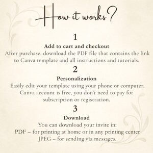 May include: A beige graphic with the text "How it works?" and numbered steps. Step 1: Add to cart and checkout. Step 2: Personalization. Step 3: Download. Instructions for downloading a PDF or JPEG file are included.