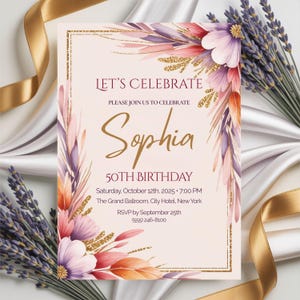Florale 50. Geburtstagseinladung - Blush & Gold Purple Canva Template (12x18cm Digital Download)