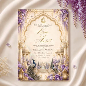 May include: A wedding invitation card featuring an ornate archway, purple wisteria, and two peacocks. The text reads: With the blessings of their beloved parents, Kiran and Amrit, Request the honour of your presence at the wedding celebration, 21 June, 2026, 5:00 PM, Royal Garden, Mumbai, Reception to follow, RSVP: +91 98765 43210.
