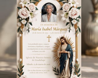 Pode incluir: Um cartão de memória com um retrato de uma mulher, rodeado por arranjos florais de lírios brancos e rosas cor-de-rosa. O cartão inclui texto em espanhol, uma cruz e uma imagem de Jesus.