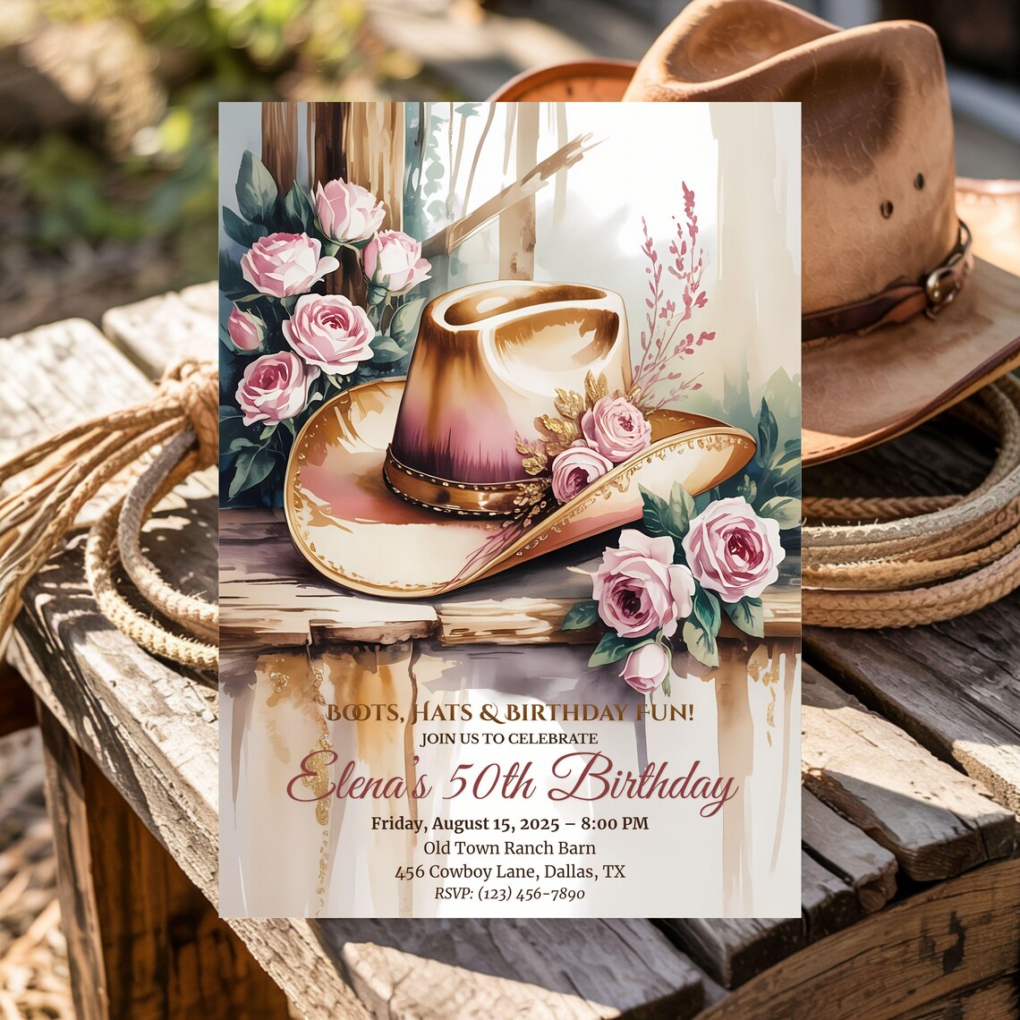 Rustic Western 50th Birthday Invitation: Cowgirl Hat, Roses & Ranch ...