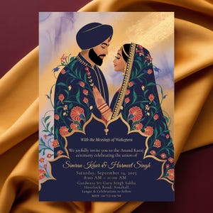 Può includere: Invito di nozze con una coppia in abiti tradizionali, ornato da motivi floreali rossi, verdi e dorati su sfondo blu navy. L'invito include il testo con i nomi Simran Kaur & Harmeet Singh, data, ora e luogo.